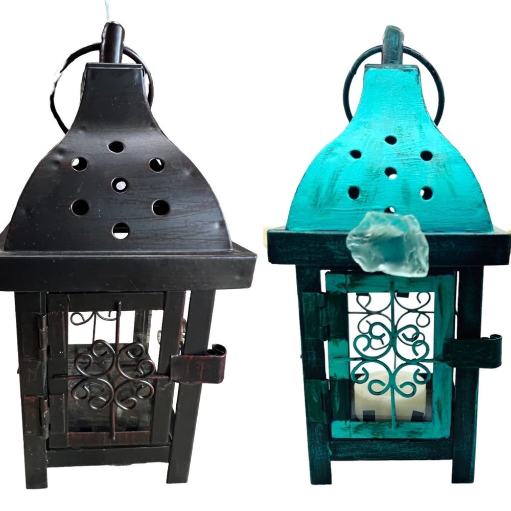 Handcrafted Metal Candle Lantern Hand-Painted Sea Glass and Conch Shell Accents - Picture 7 of 9